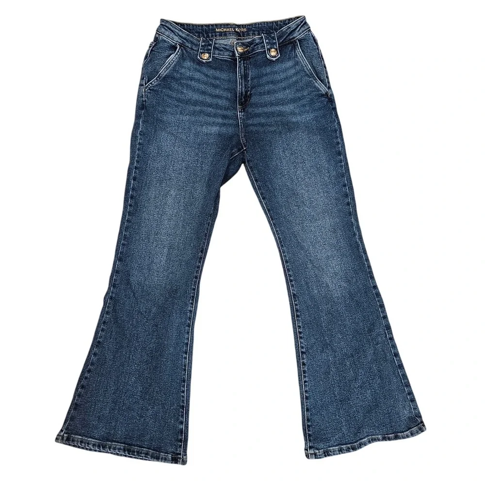 Michael Kors Womens Dark Wash Flare Jeans Gold‎ Button Wide Leg High Rise Size 8